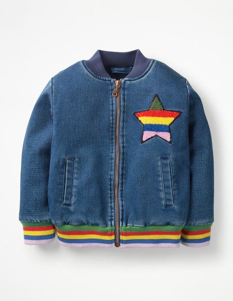 Jersey Denim Bomber Jacket - Mid Vintage/Rainbow Star Jersey Denim Bomber Jacket - Mid Vintage/Rainbow Star