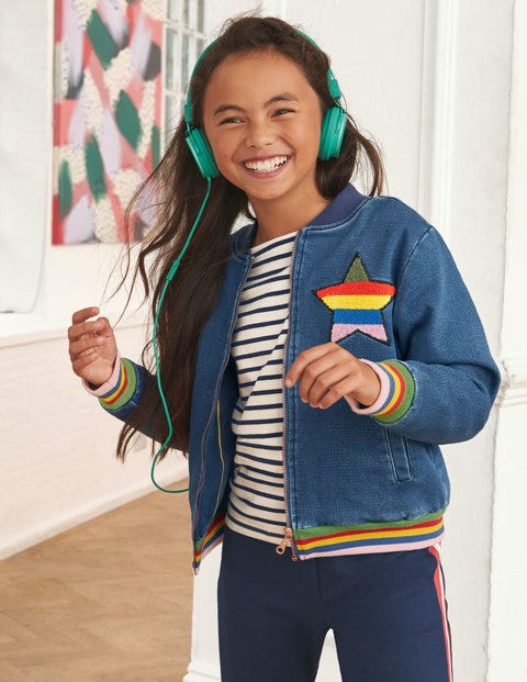 Jersey Denim Bomber Jacket - Mid Vintage/Rainbow Star Jersey Denim Bomber Jacket - Mid Vintage/Rainbow Star