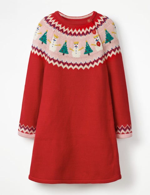 Fair Isle Knitted Dress - Polish Red Snowmen Fair Isle Knitted Dress - Polish Red Snowmen