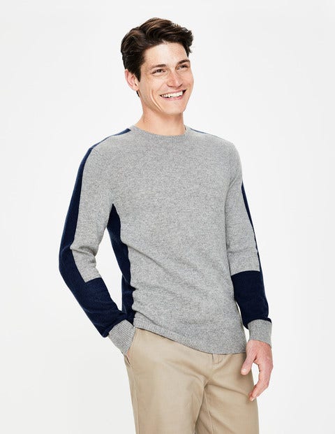 Cashmere Crew Neck - Grey Marl Colourblock Cashmere Crew Neck - Grey Marl Colourblock
