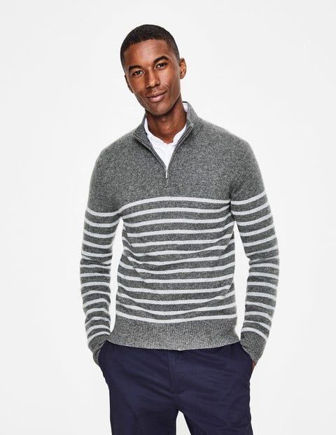 Cashmere Half-Zip - Grey Marl Stripe Cashmere Half-Zip - Grey Marl Stripe