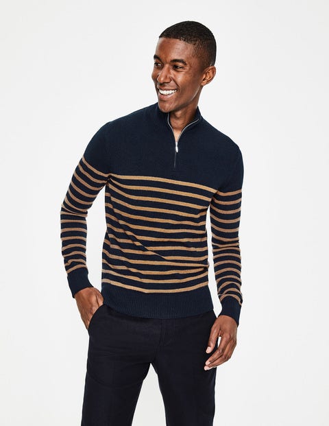 Cashmere Half-Zip - Navy/Golden Wheat Stripe Cashmere Half-Zip - Navy/Golden Wheat Stripe