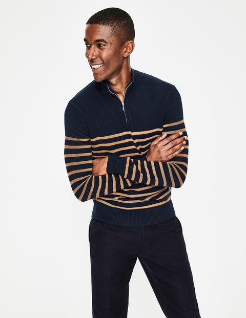 Cashmere Half-Zip - Navy/Golden Wheat Stripe Cashmere Half-Zip - Navy/Golden Wheat Stripe