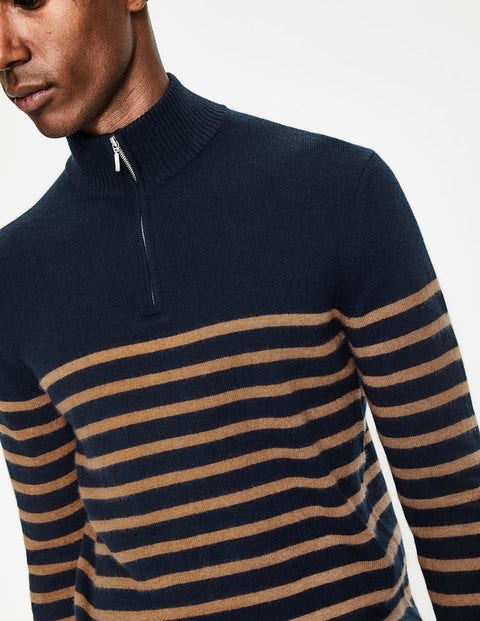 Cashmere Half-Zip - Navy/Golden Wheat Stripe Cashmere Half-Zip - Navy/Golden Wheat Stripe