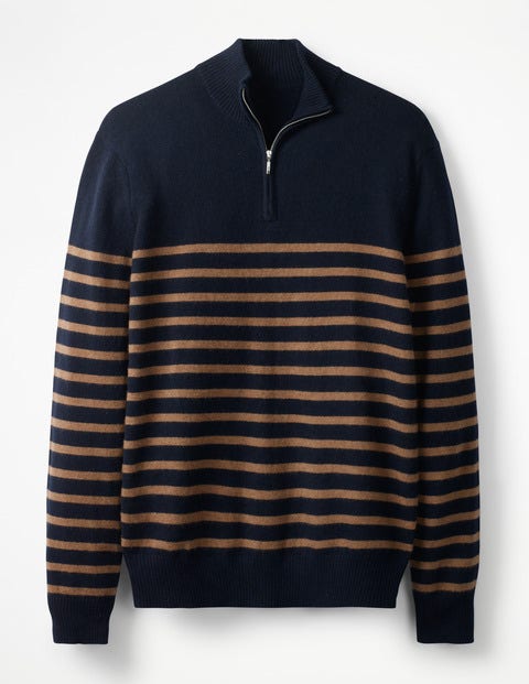 Cashmere Half-Zip - Navy/Golden Wheat Stripe Cashmere Half-Zip - Navy/Golden Wheat Stripe