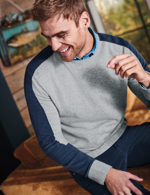 Cashmere Crew Neck - Grey Marl Colourblock Cashmere Crew Neck - Grey Marl Colourblock