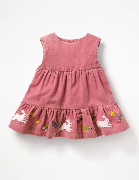 Tiered Corduroy Dress - Autumn Rose Pink Embroidery Tiered Corduroy Dress - Autumn Rose Pink Embroidery