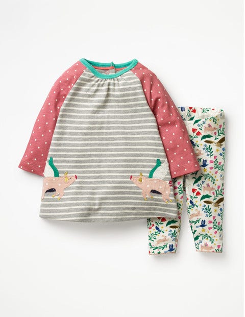 Appliqué Friends Dress Set - Grey Marl/Ecru Flying Pigs Appliqué Friends Dress Set - Grey Marl/Ecru Flying Pigs