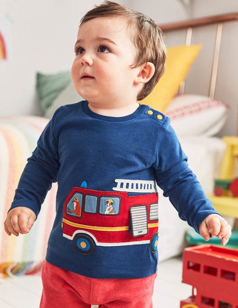 Transport Appliqué T-Shirt – Beacon Blue Fire Engine