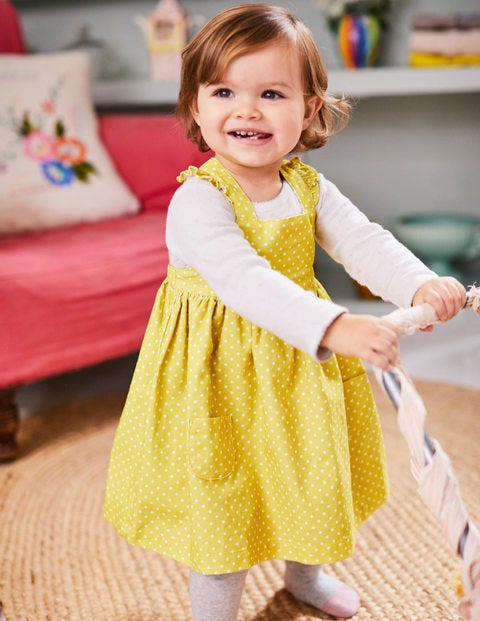 Ruffly Cord Pinafore - Sweetcorn Yellow Pin Spots Ruffly Cord Pinafore - Sweetcorn Yellow Pin Spots