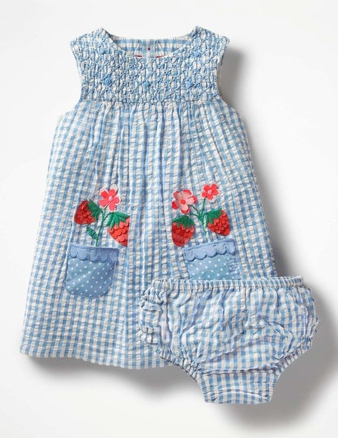 Appliqué Smock Dress - Lake Blue Gingham Flowers Appliqué Smock Dress - Lake Blue Gingham Flowers