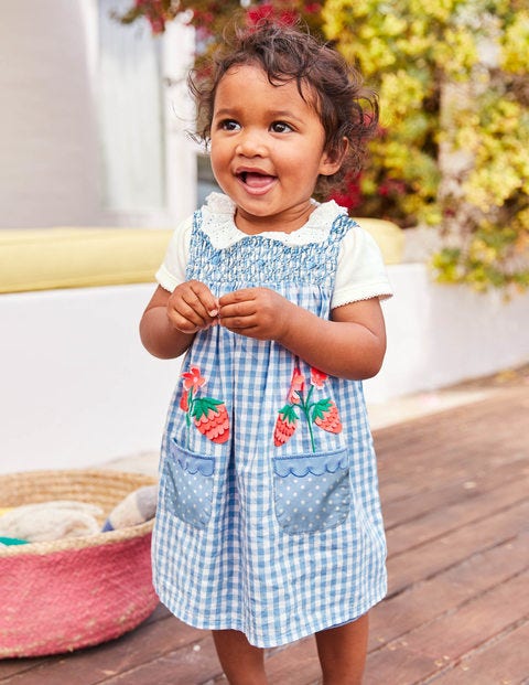 Appliqué Smock Dress - Lake Blue Gingham Flowers Appliqué Smock Dress - Lake Blue Gingham Flowers