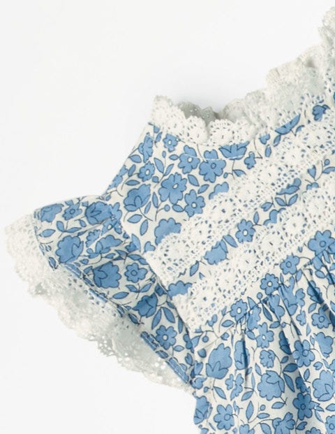 Pretty Frill Dress - Lake Blue Floral Toile Pretty Frill Dress - Lake Blue Floral Toile
