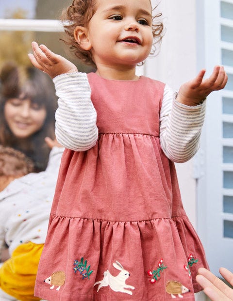 Tiered Corduroy Dress - Autumn Rose Pink Embroidery Tiered Corduroy Dress - Autumn Rose Pink Embroidery