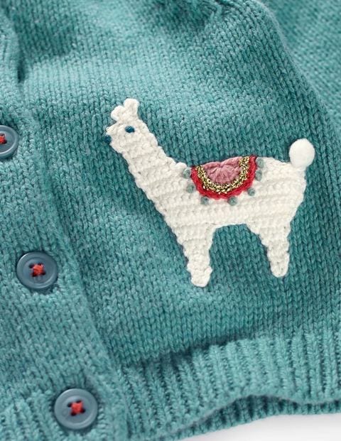 Characterful Crochet Cardigan - Aquamarine Green Llamas Characterful Crochet Cardigan - Aquamarine Green Llamas