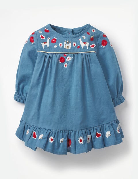 Embroidered Smock Dress - Azure Blue Embroidery Embroidered Smock Dress - Azure Blue Embroidery