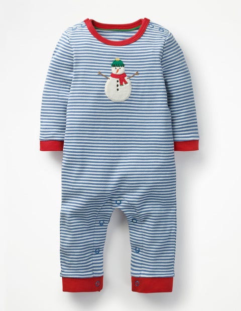 Jerseystrampler Mit Schneemann - Strahlendes Blau/Ecru, Schneemann Jerseystrampler Mit Schneemann - Strahlendes Blau/Ecru, Schneemann