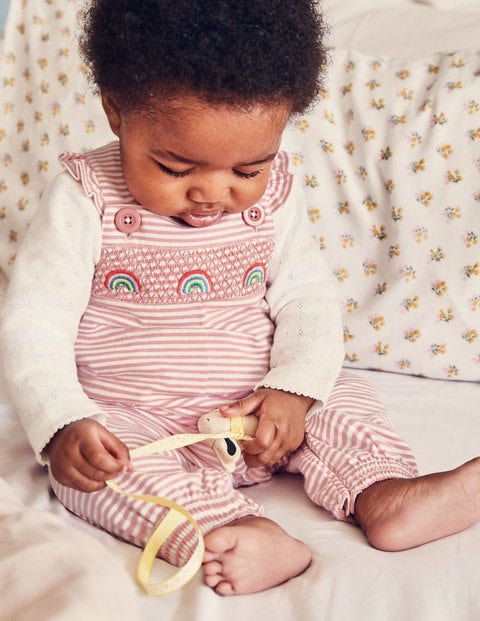 Smocked Jersey Dungarees - Ivory/Almond Blossom Pink Smocked Jersey Dungarees - Ivory/Almond Blossom Pink