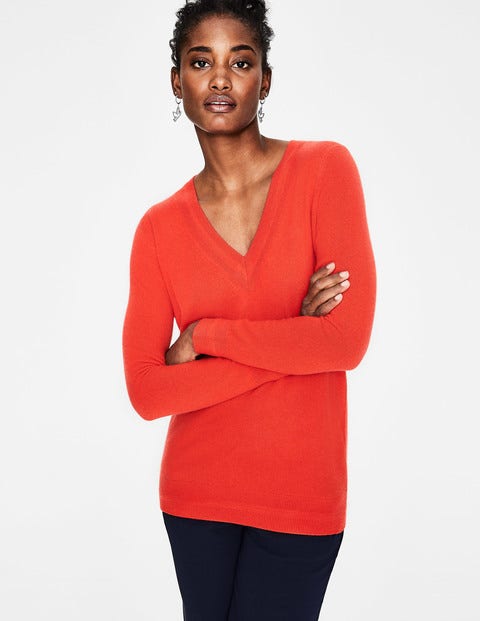Cashmere Relaxed V-Neck Jumper - Red Pop Cashmere Relaxed V-Neck Jumper - Red Pop