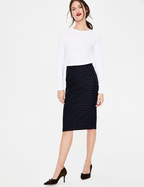 Freya Pencil Skirt - Navy W/Black Flocked Spot Freya Pencil Skirt - Navy W/Black Flocked Spot