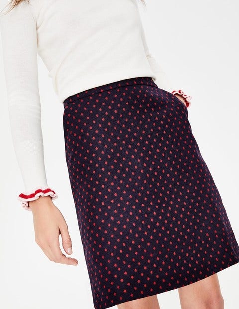 British Tweed Mini Skirt - Navy with Post Box Red Spot British Tweed Mini Skirt - Navy with Post Box Red Spot