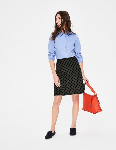 Flocked Spot Mini Skirt - Khaki W/ Navy Flocked Spot Flocked Spot Mini Skirt - Khaki W/ Navy Flocked Spot