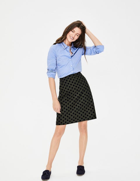 Flocked Spot Mini Skirt - Khaki W/ Navy Flocked Spot Flocked Spot Mini Skirt - Khaki W/ Navy Flocked Spot