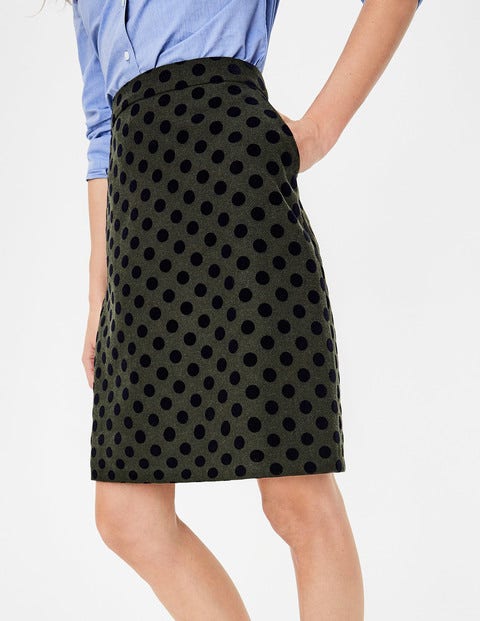 Flocked Spot Mini Skirt - Khaki W/ Navy Flocked Spot Flocked Spot Mini Skirt - Khaki W/ Navy Flocked Spot