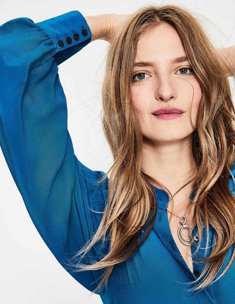Blouson Sleeve Silk Shirt - Cyan Blouson Sleeve Silk Shirt - Cyan