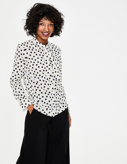 Tie Neck Shirt - Ivory and Navy Dotty Spot Tie Neck Shirt - Ivory and Navy Dotty Spot