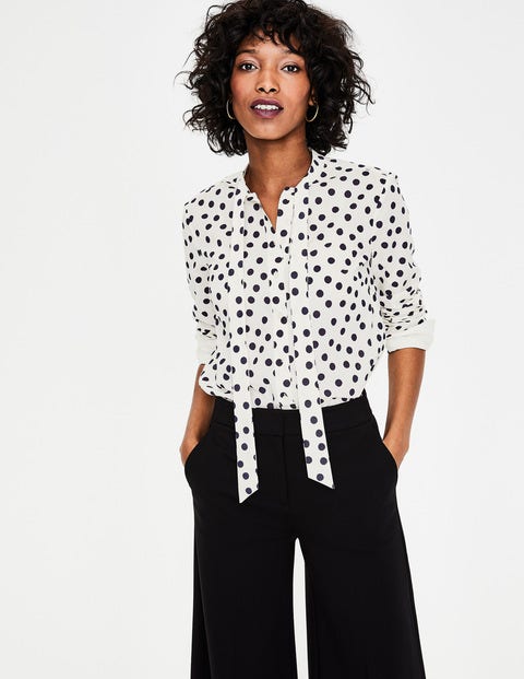 Tie Neck Shirt - Ivory and Navy Dotty Spot Tie Neck Shirt - Ivory and Navy Dotty Spot