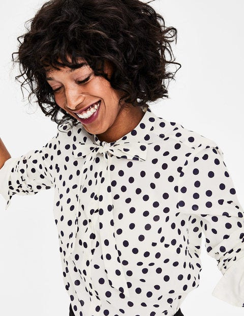 Tie Neck Shirt - Ivory and Navy Dotty Spot Tie Neck Shirt - Ivory and Navy Dotty Spot