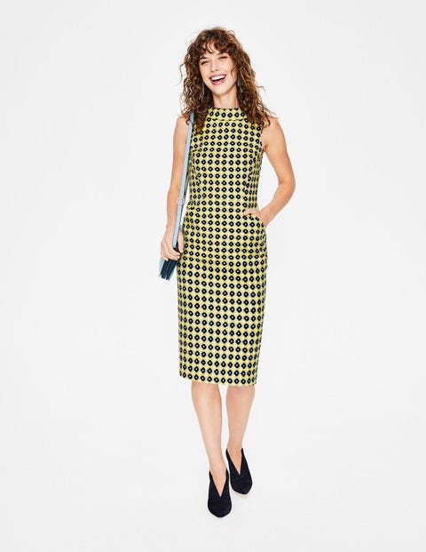 Martha Kleid Mit Ziernaht - Senfgelb, Gitter/Getupft Martha Kleid Mit Ziernaht - Senfgelb, Gitter/Getupft