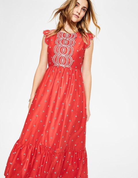 Lucinda Kleid Mit Lochstickerei - Flamencorot/Naturweiß, Stickerei Lucinda Kleid Mit Lochstickerei - Flamencorot/Naturweiß, Stickerei