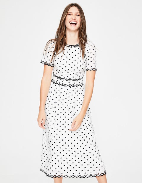 Kimberly Embroidered Dress - Ivory with French Navy Spot Kimberly Embroidered Dress - Ivory with French Navy Spot