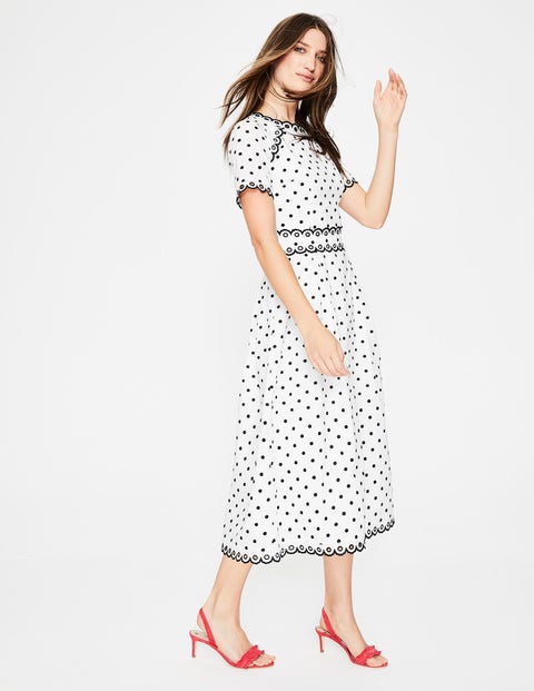 Kimberly Embroidered Dress - Ivory with French Navy Spot Kimberly Embroidered Dress - Ivory with French Navy Spot