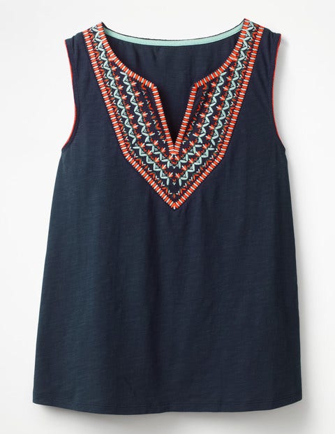 Embroidered Notch Neck Top - French Navy Embroidered Notch Neck Top - French Navy