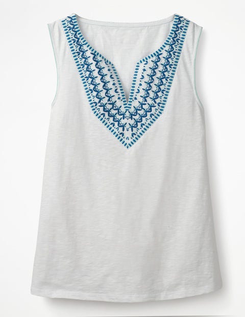 Embroidered Notch Neck Top - White Embroidered Notch Neck Top - White
