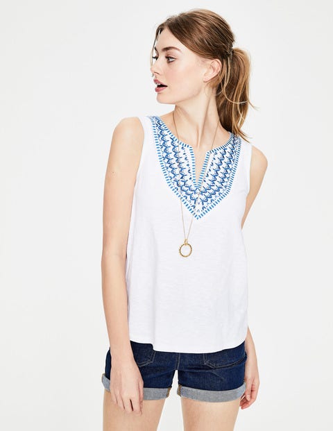 Embroidered Notch Neck Top - White Embroidered Notch Neck Top - White