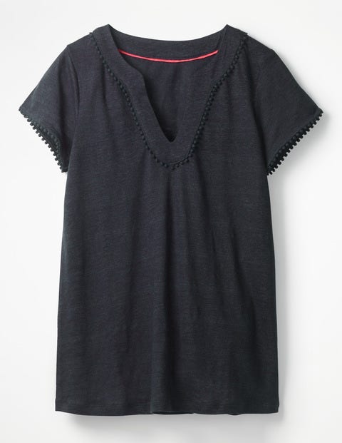 Linen Notch Neck Jersey Top - Navy Linen Notch Neck Jersey Top - Navy