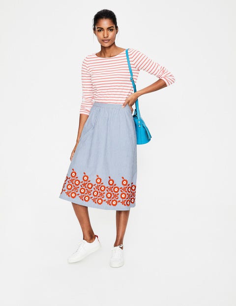 Haidee Embroidered Skirt - Blue and Ivory Stripe Haidee Embroidered Skirt - Blue and Ivory Stripe