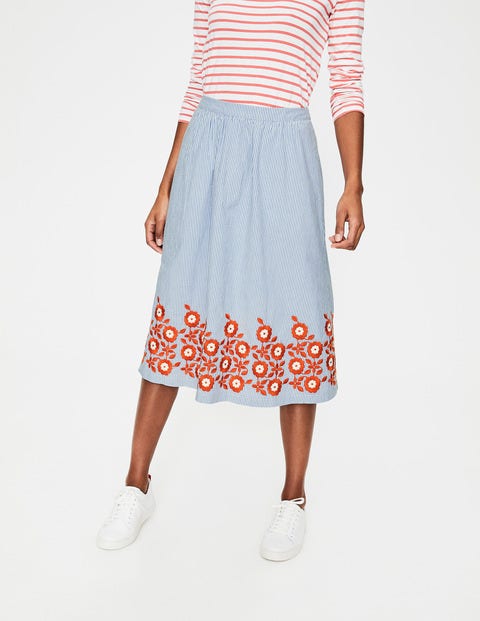 Haidee Embroidered Skirt - Blue and Ivory Stripe Haidee Embroidered Skirt - Blue and Ivory Stripe