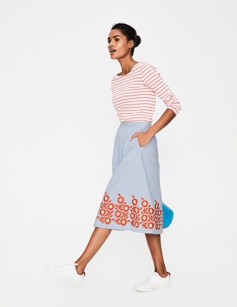 Haidee Embroidered Skirt - Blue and Ivory Stripe Haidee Embroidered Skirt - Blue and Ivory Stripe