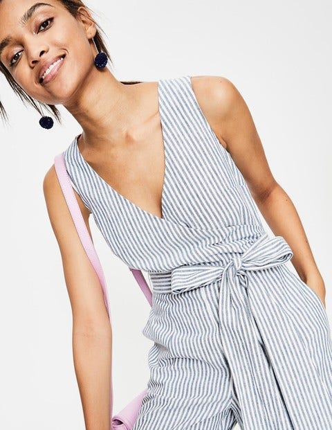 Wrap Jumpsuit - Chambray Blue/Ivory Stripe Wrap Jumpsuit - Chambray Blue/Ivory Stripe