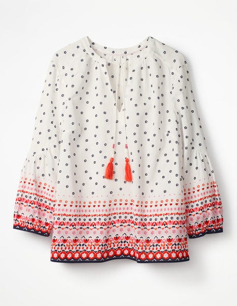 Gauzy Tie-Neck Top - Red Pop Folk Stripe Gauzy Tie-Neck Top - Red Pop Folk Stripe