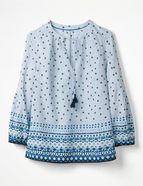 Gauzy Tie-Neck Top - Oxford Blue Folk Stripe Gauzy Tie-Neck Top - Oxford Blue Folk Stripe
