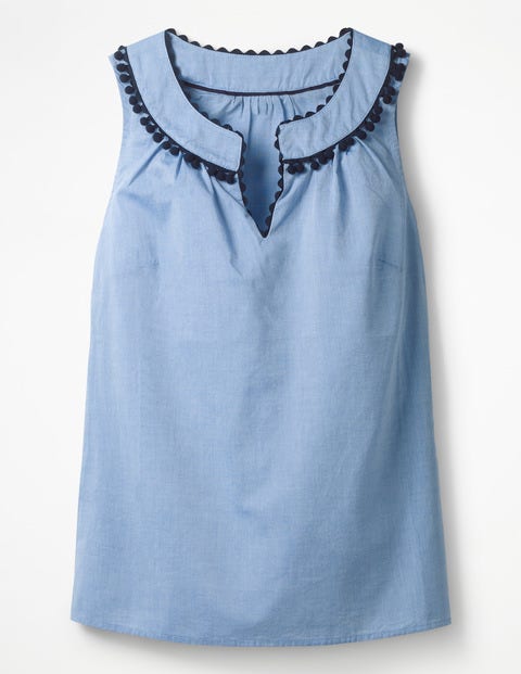 Rickrack And Pom Top - Chambray - Blue Rickrack And Pom Top - Chambray - Blue