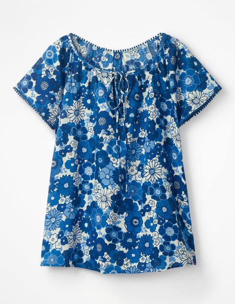 Gauzy Beach Top - Blues, Swinging Floral Gauzy Beach Top - Blues, Swinging Floral