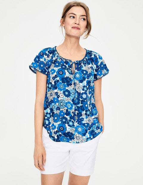 Gauzy Beach Top - Blues, Swinging Floral Gauzy Beach Top - Blues, Swinging Floral