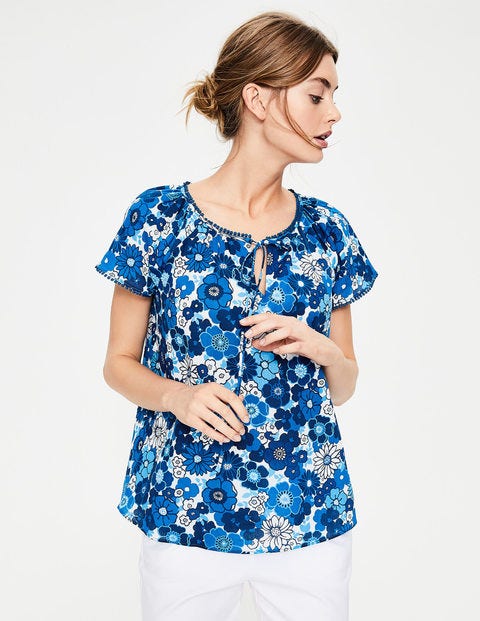 Gauzy Beach Top - Blues, Swinging Floral Gauzy Beach Top - Blues, Swinging Floral